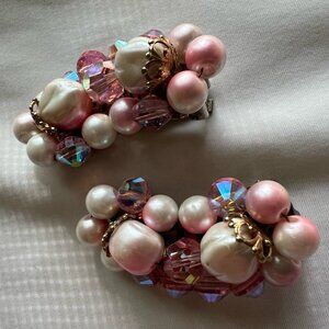 Vintage MCM Pink Costume Pearl Cluster Climber Style Estate Earrings